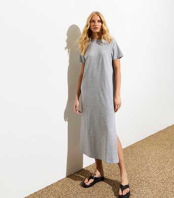 Grey Cotton Split Hem Midi T-Shirt Dress
