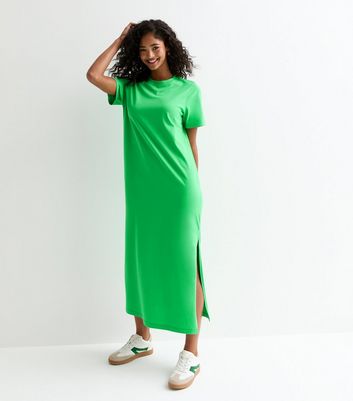 Green Cotton Split Hem Midi T Shirt Dress New Look