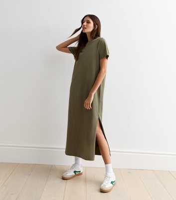 Khaki Cotton Split Hem Midi T-Shirt Dress