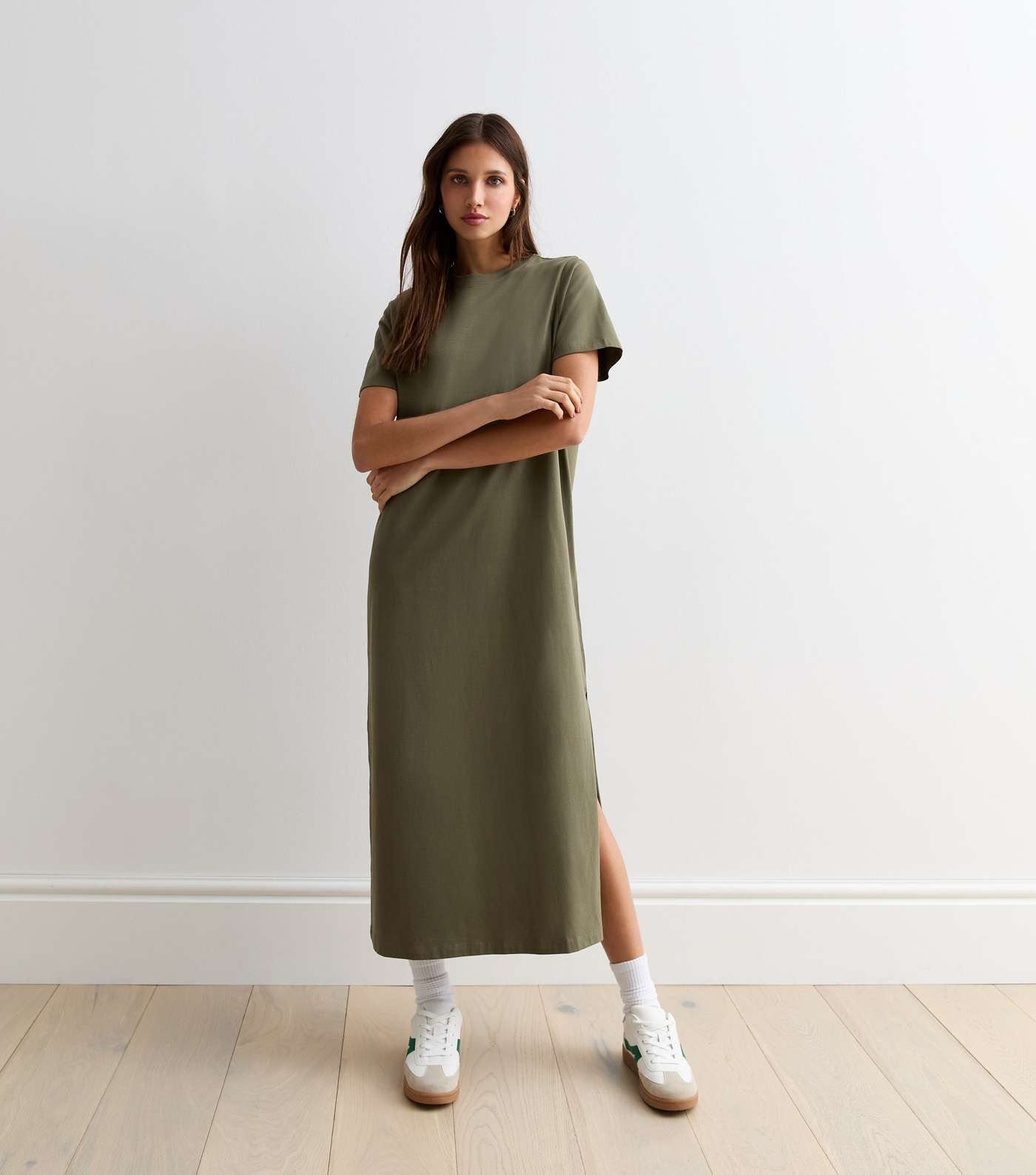Khaki Cotton Split Hem Midi T-Shirt Dress Image 3