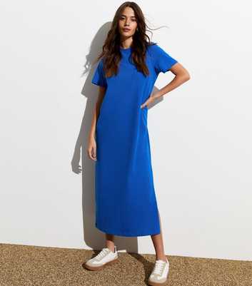  Blue Cotton Split Hem Midi T-Shirt Dress