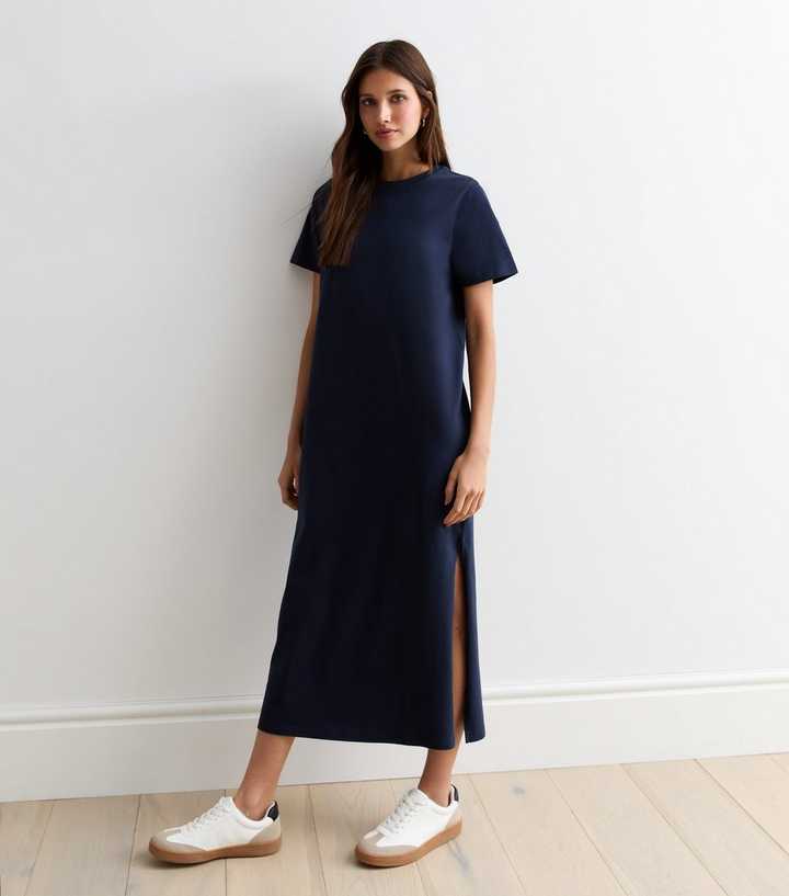 Navy Cotton Split Hem Midi T-Shirt Dress