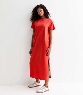 Red Cotton Split Hem Midi T-Shirt Dress