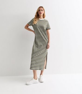 Green Stripe Cotton Midi T-Shirt Dress New Look