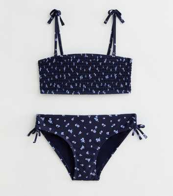 Girls Navy Ditsy Floral Ruched Bandeau Bikini Set