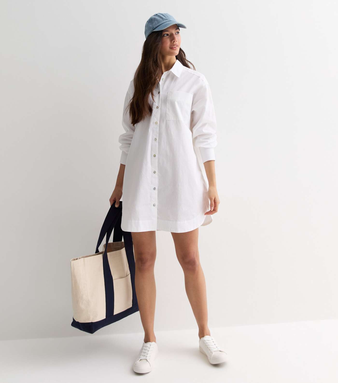 White Poplin Long Sleeve Oversized Mini Shirt Dress Image 3
