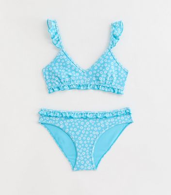 Girls Blue Ditsy Floral Frill Triangle Bikini Set New Look