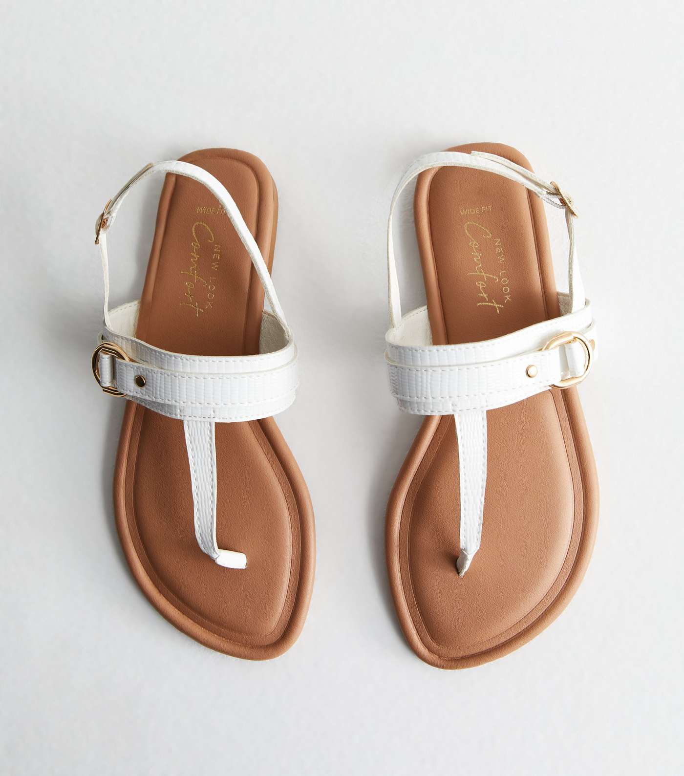 Wide Fit White Leather-Look Buckle Toe Post Sandals Image 3