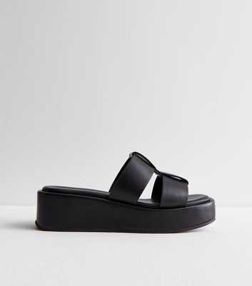 Black Grid Strap Flatform Wedge Sandals