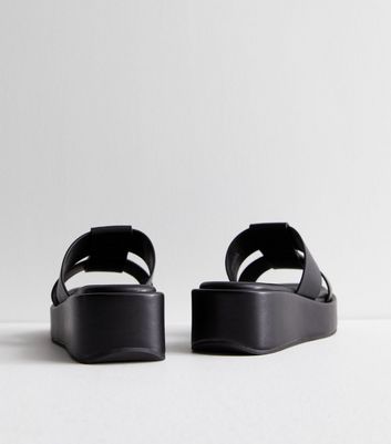 Black Grid Strap Flatform Wedge Sandals New Look