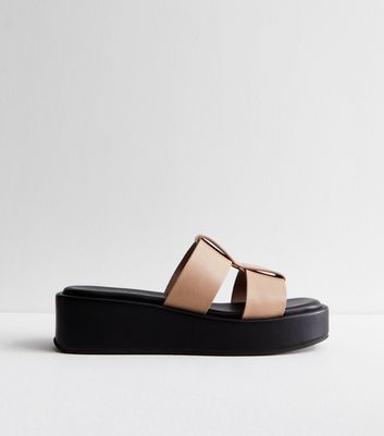 Brown Grid Strap Flatform Wedge Sandals New Look
