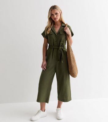 Petite Khaki Cotton Belted Utility Jumpsuit New Look