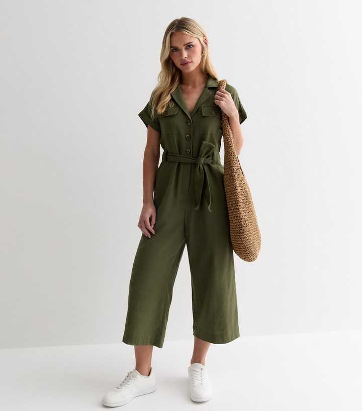 Petite Khaki Cotton Belted Utility Jumpsuit