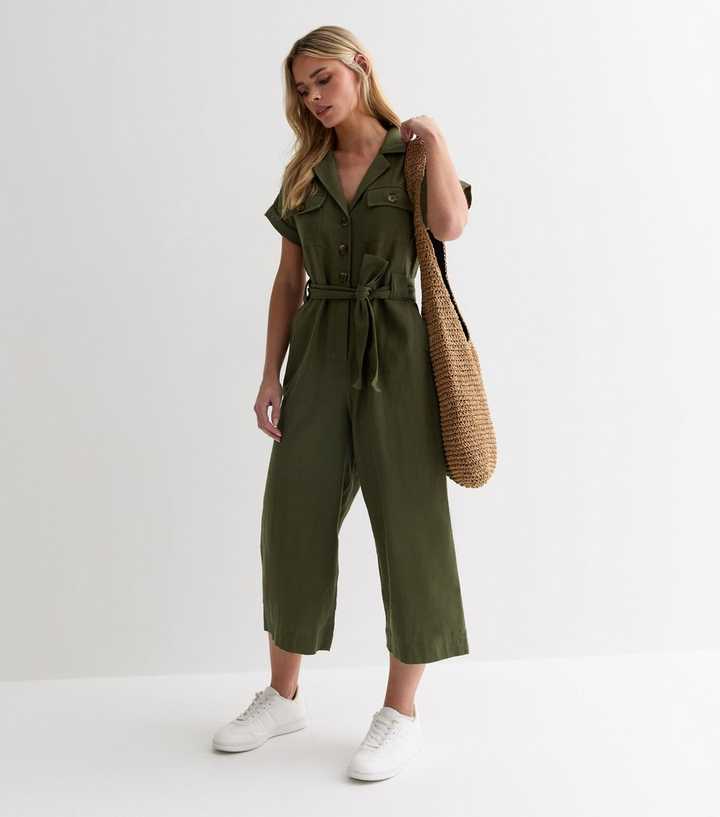 Petite Khaki Cotton Belted Utility Jumpsuit