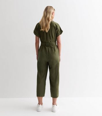 Petite Khaki Cotton Belted Utility Jumpsuit New Look