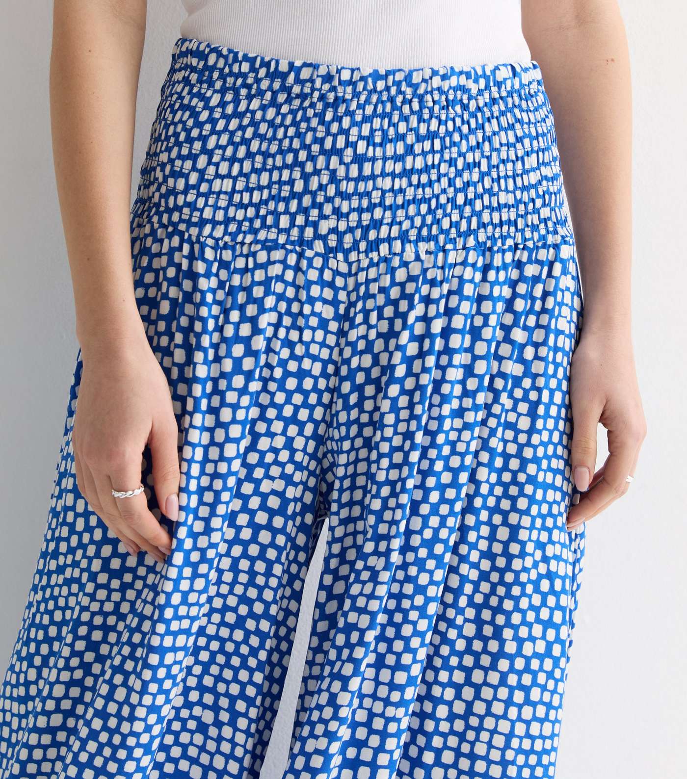 Blue Square Print Shirred Wide Leg Trousers Image 2