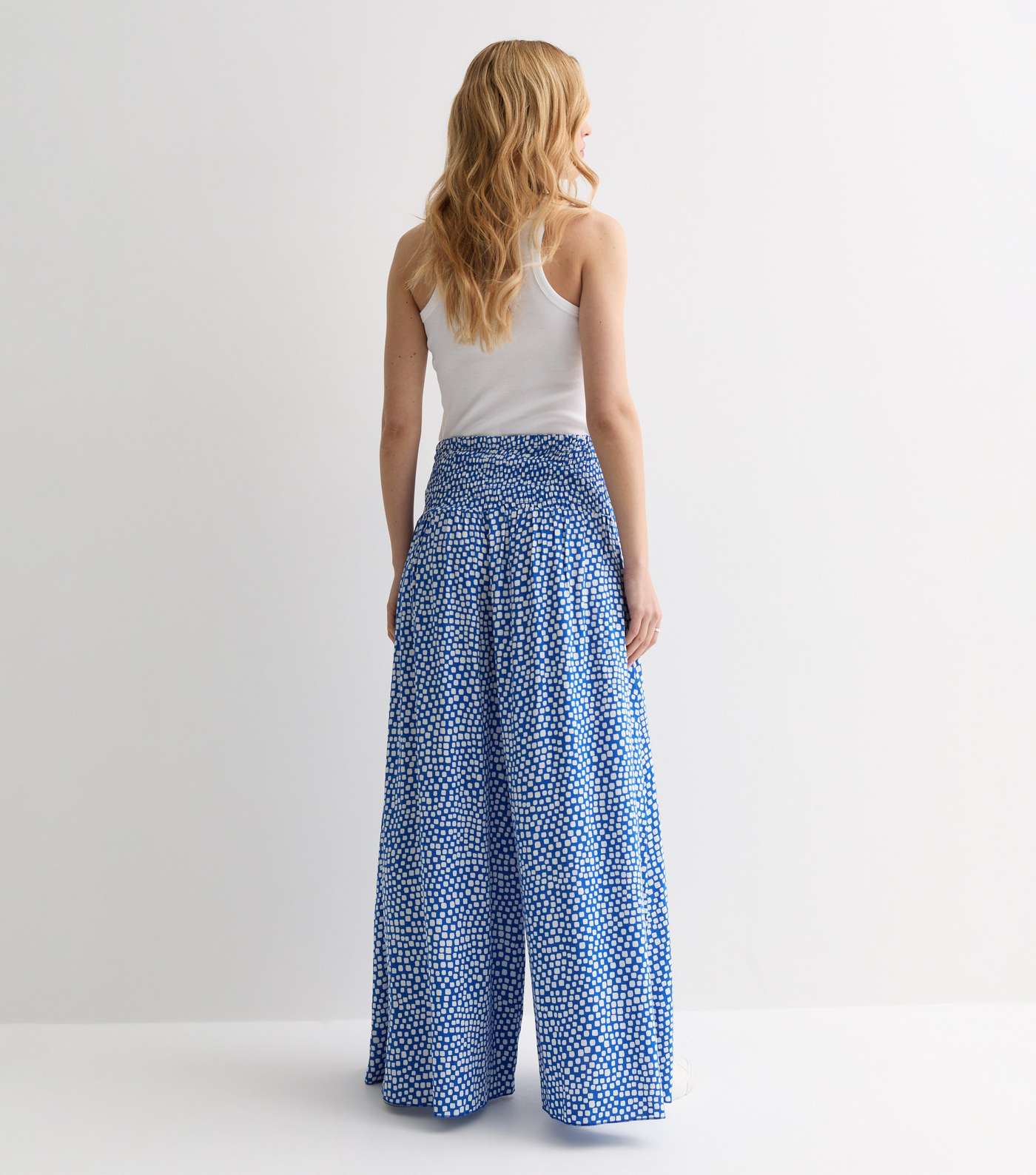 Blue Square Print Shirred Wide Leg Trousers Image 4