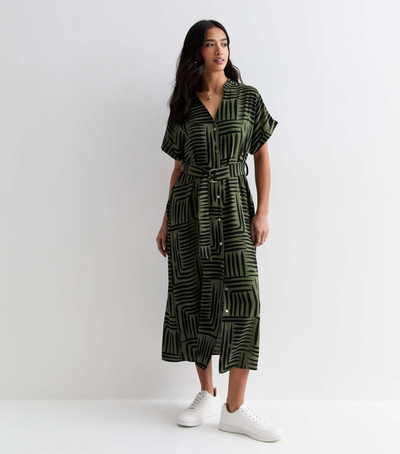 Petite Green Abstract Print Short Sleeve Belted Midi Dress Image 3