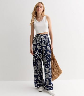 Navy Paisley Print Wide Leg Trousers New Look