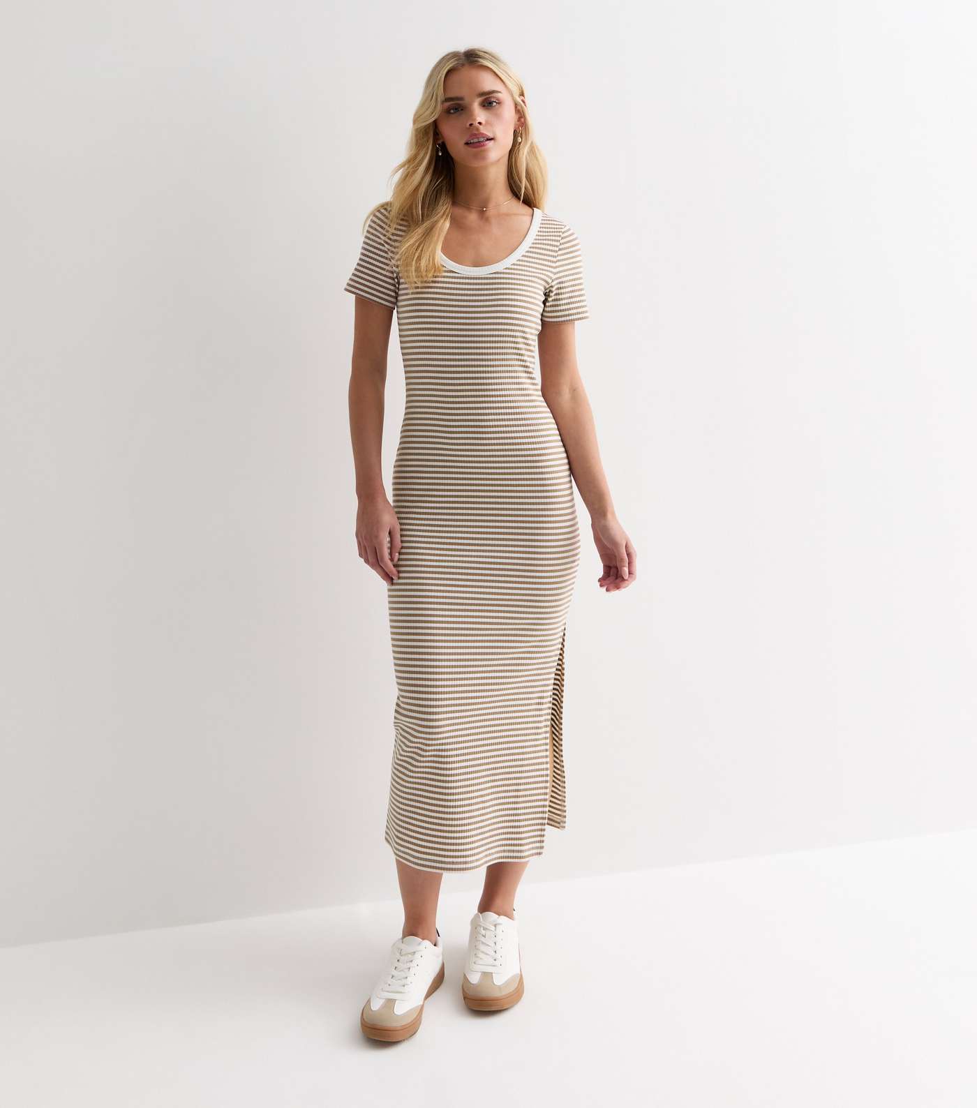 Petite Brown Stripe Scoop Neck Midi Dress Image 3