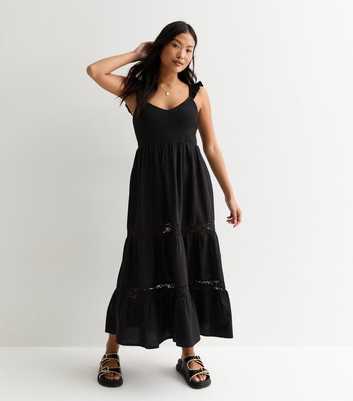 Petite Black Crochet Tiered Midi Dress
