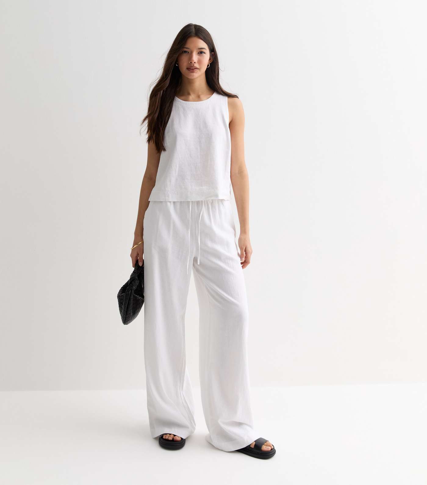 White Linen Blend Drawstring Waist Wide Leg Trousers Image 3