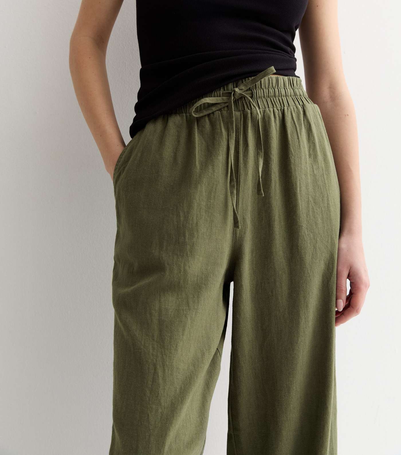 Khaki Linen Blend Drawstring Waist Wide Leg Trousers Image 3
