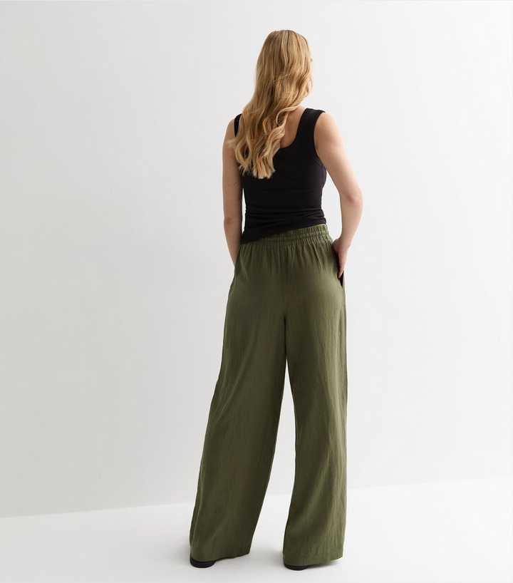 Khaki Linen Blend Drawstring Waist Wide Leg Trousers