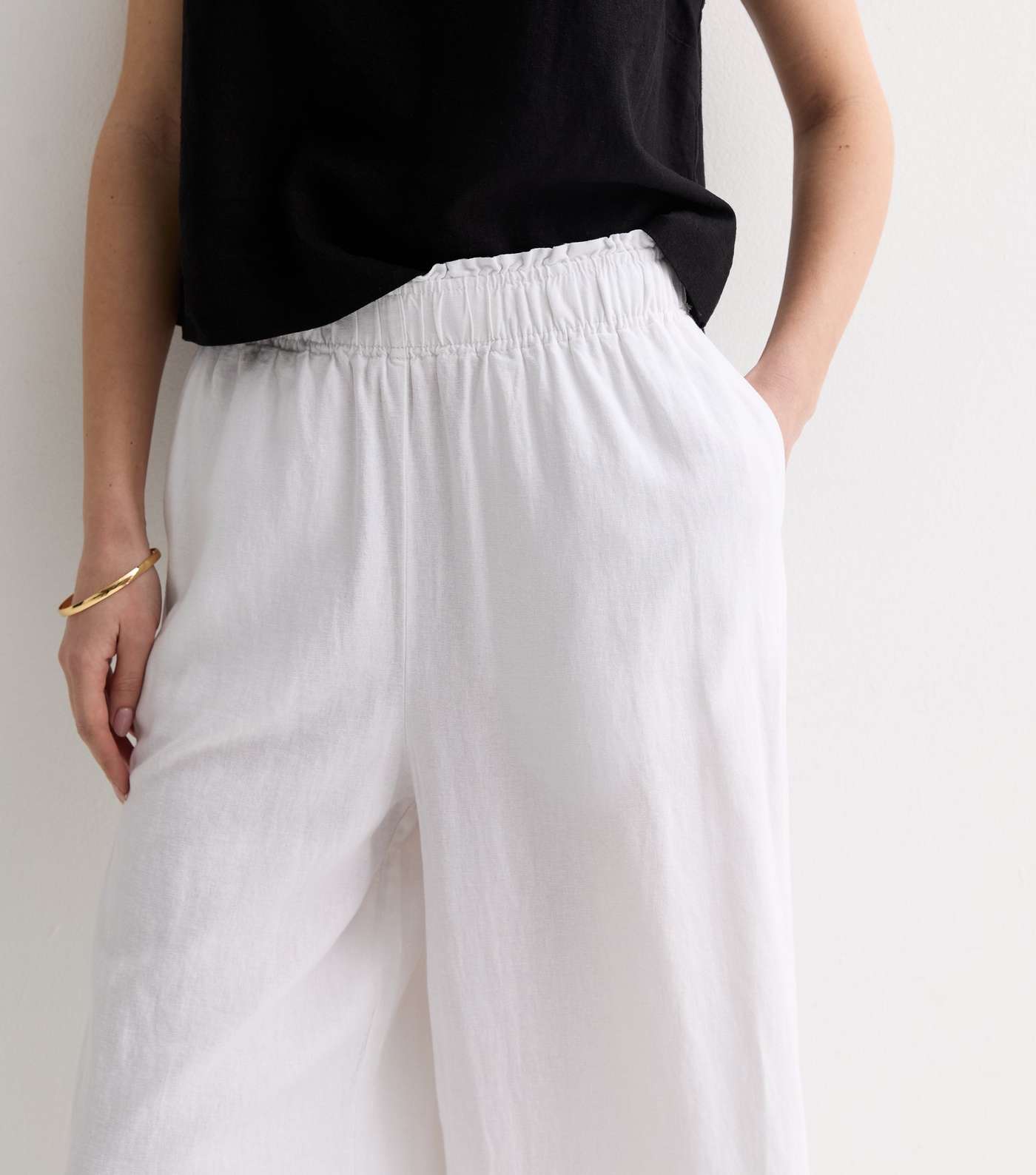 White Linen Blend Crop Wide Leg Trousers Image 2