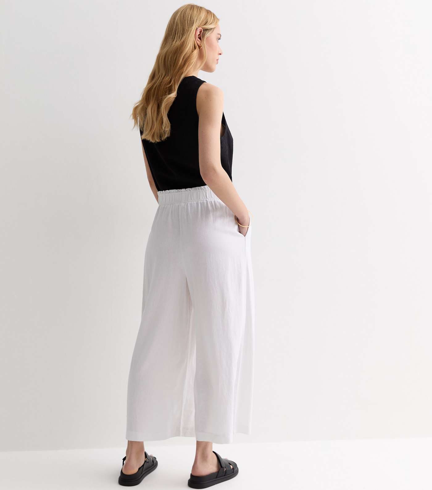 White Linen Blend Crop Wide Leg Trousers Image 4
