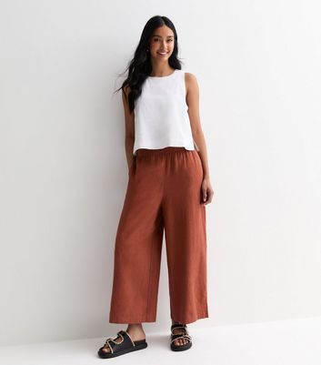 Rust Linen Blend Crop Wide Leg Trousers