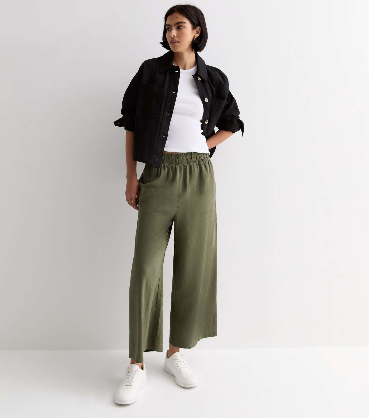 Khaki Linen Blend Crop Wide Leg Trousers Image 3
