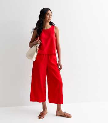 Red Linen Blend Crop Wide Leg Trousers
