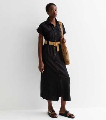 Tall Black Belted Utility Midi Shirt Dress