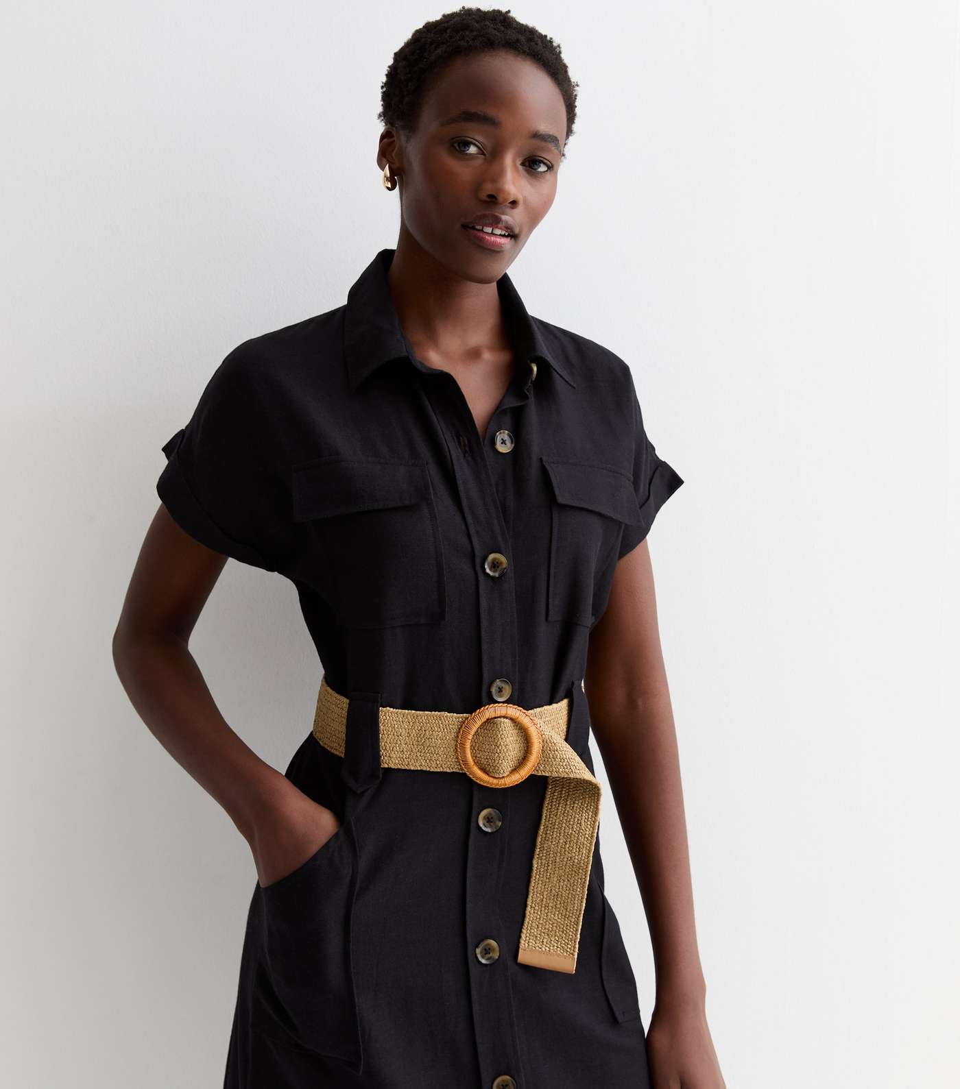 Tall Black Belted Utility Midi Shirt Dress Image 2
