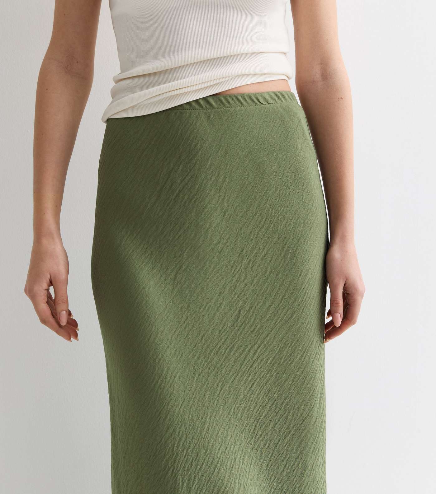 Khaki Textured Midi Skirt Image 2