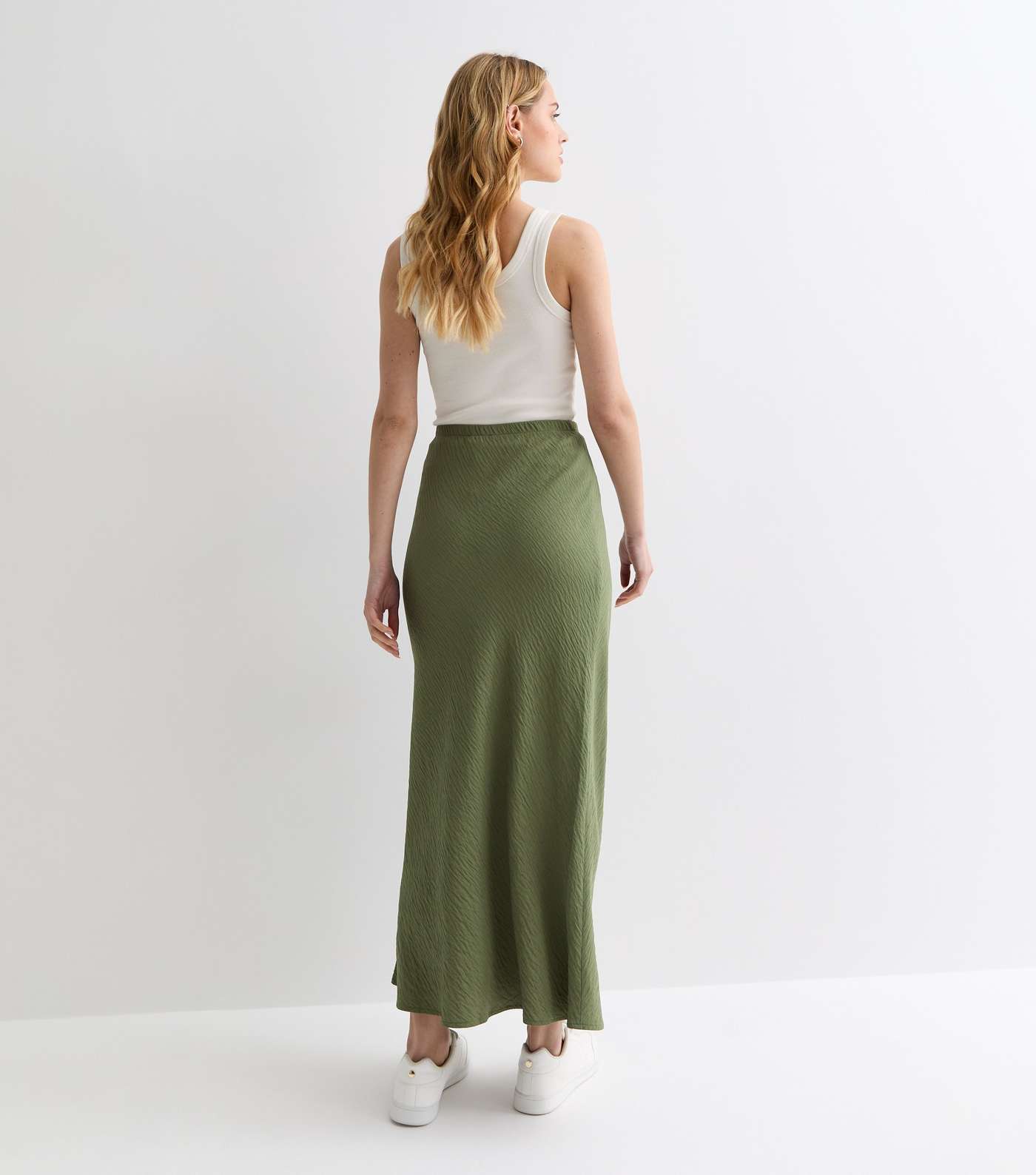 Khaki Textured Midi Skirt Image 4