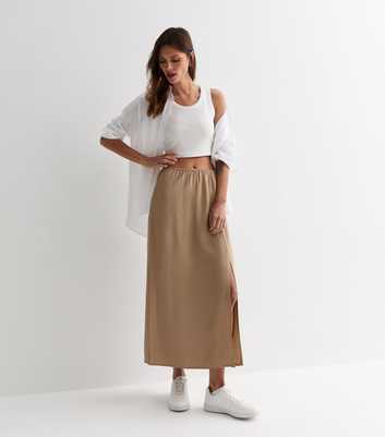 Light Brown Textured Split Hem Midi Skirt
