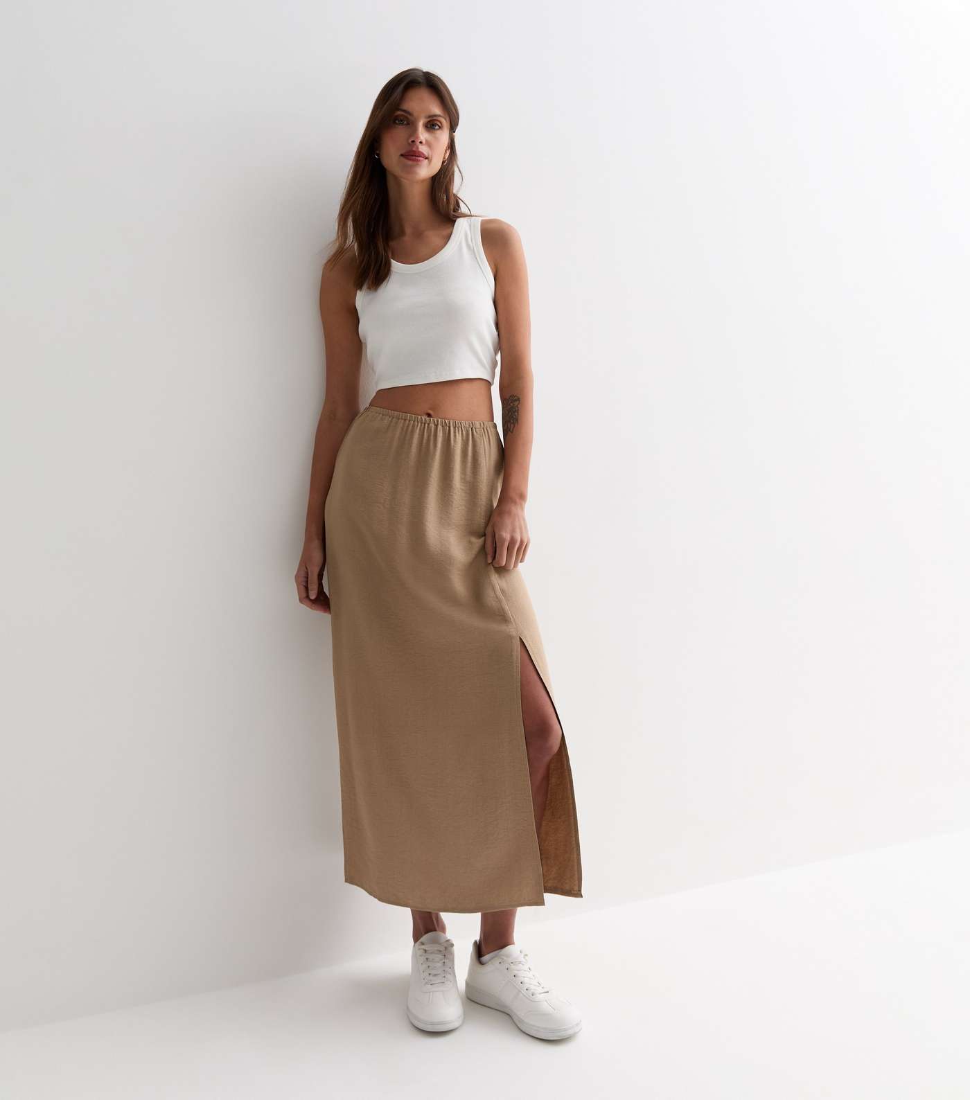 Light Brown Textured Split Hem Midi Skirt Image 3
