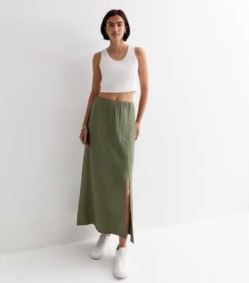 Khaki Textured Split Hem Midi Skirt