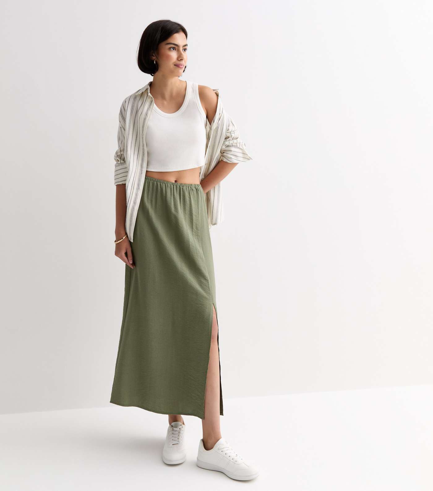 Khaki Textured Split Hem Midi Skirt Image 3