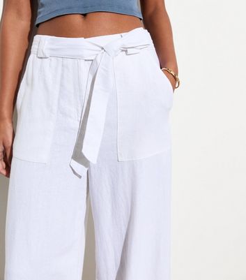 White Linen-Blend Wide Leg Trousers New Look