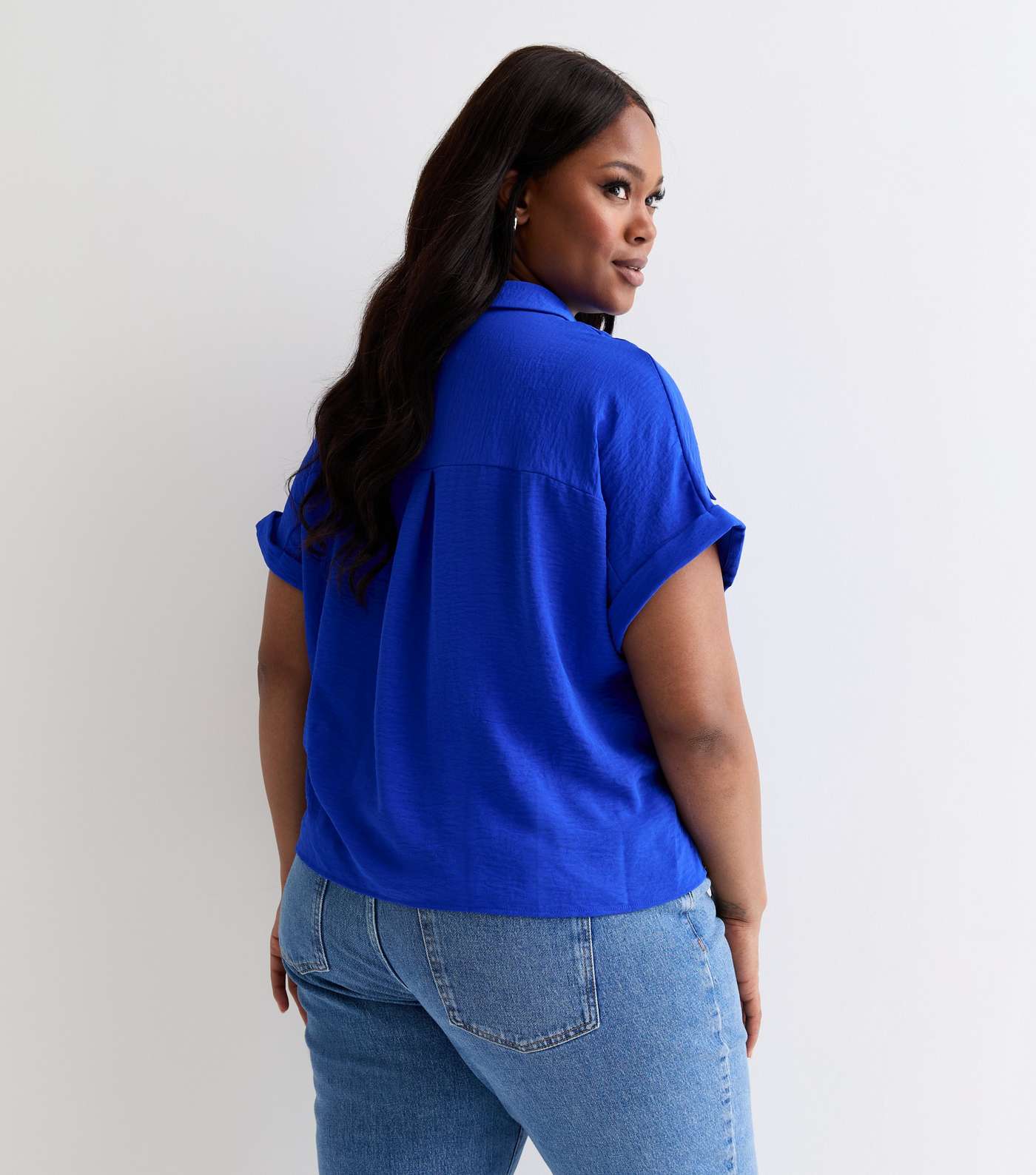 Curves Bright Blue Short Sleeve Pocket Front Shirt Image 4