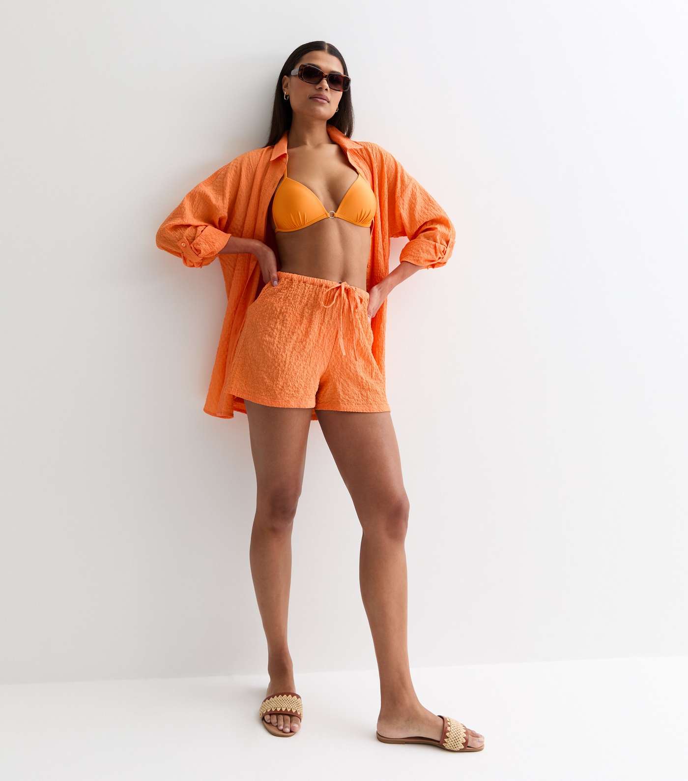 Bright Orange Textured Beach Shorts Image 2