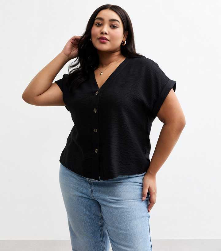 Curves Black V Neck Button Through Top New Look