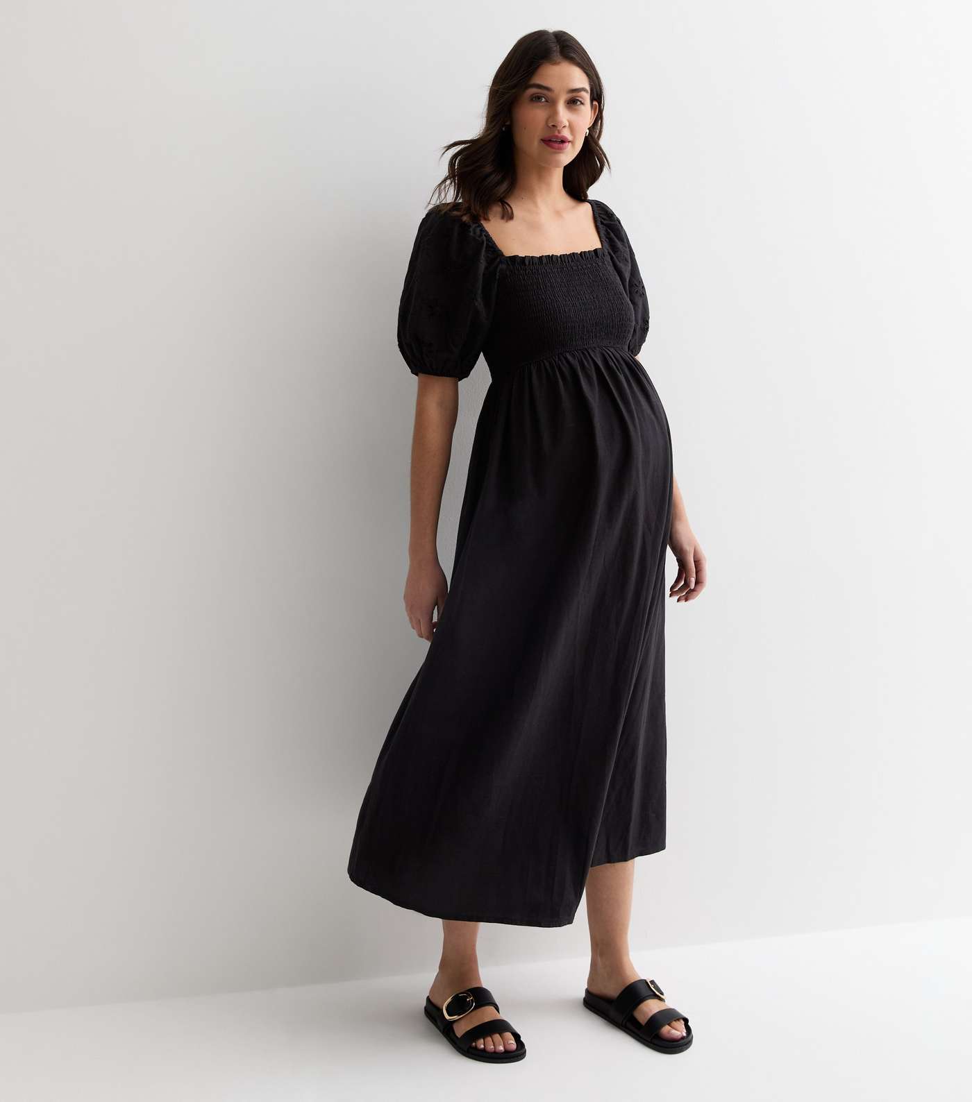 Maternity Black Broderie Sleeve Shirred Midi Dress Image 3
