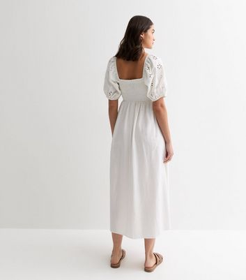 Maternity White Broderie Sleeve Shirred Midi Dress New Look