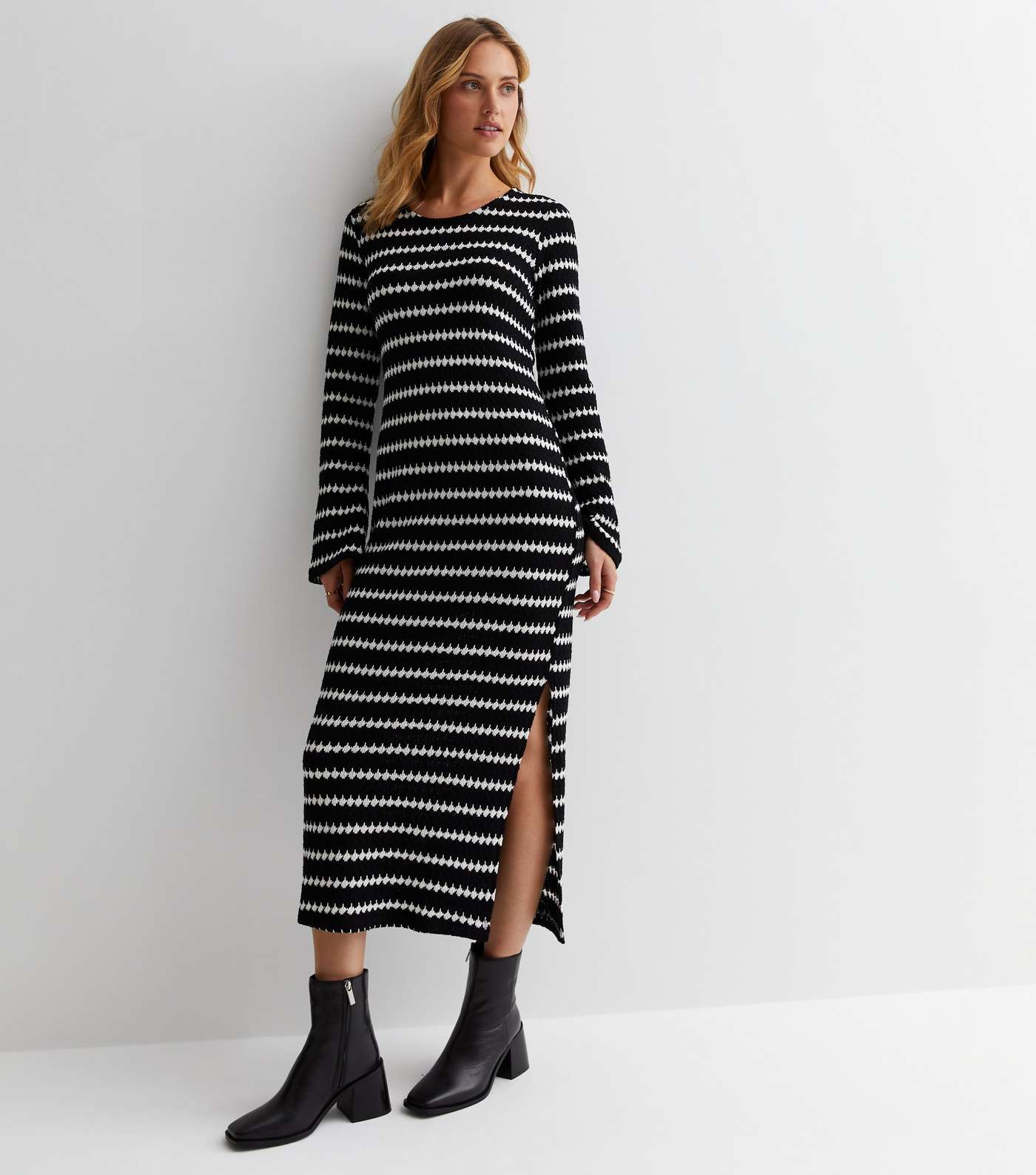 Black Stripe Knit Split Hem Midi Dress