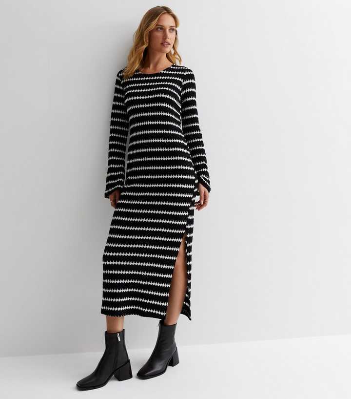 Black Stripe Knit Split Hem Midi Dress
