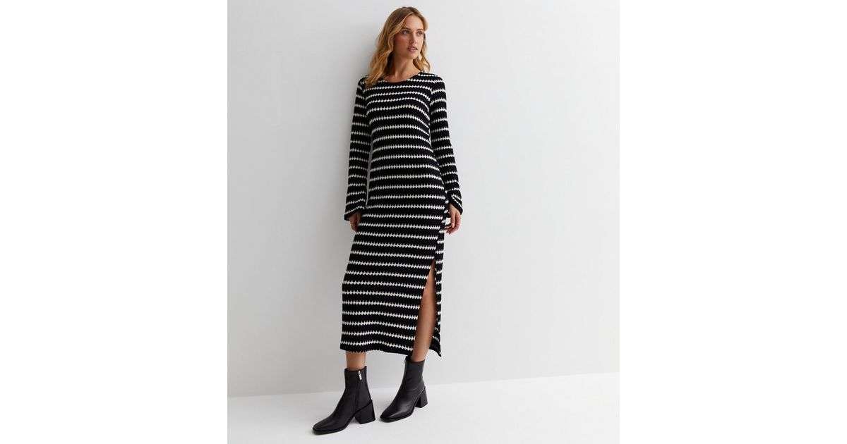 Black Stripe Knit Split Hem Midi Dress | New Look